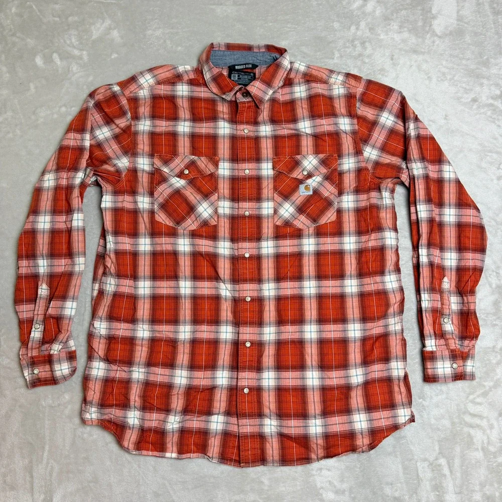 Carhartt Rugged Flex Plaid Button Down Shirt Men 2XL Tall Pearl Snap Workwear EC